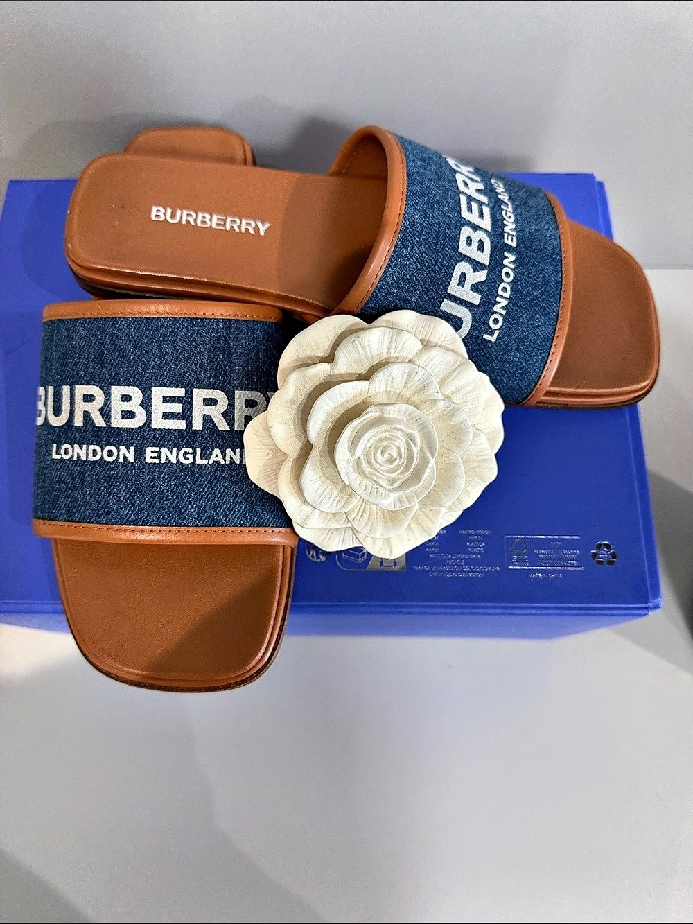 Burberry Carolyn Denim Logo Flat Slide Sandals EU 36 Brown & Blue - Picture 2 of 3